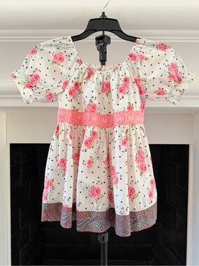 Matilda Jane White Floral Pink Accent Girls Peasant Top- Size 6